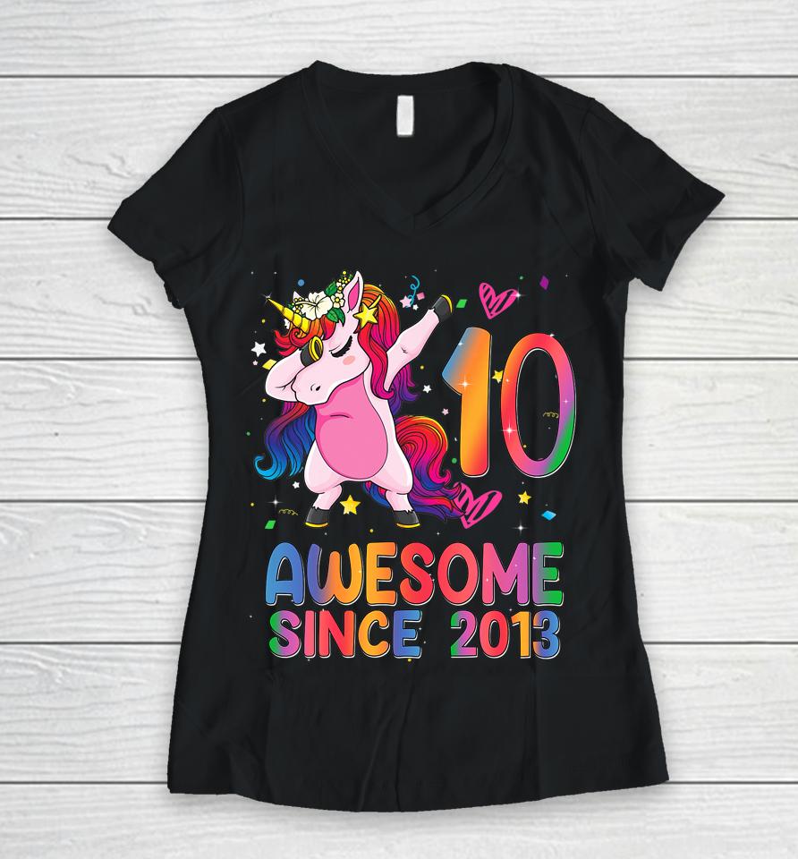 10 Years Old Gifts Unicorn Dabbing 10Th Birthday Girl Teens Women V-Neck T-Shirt