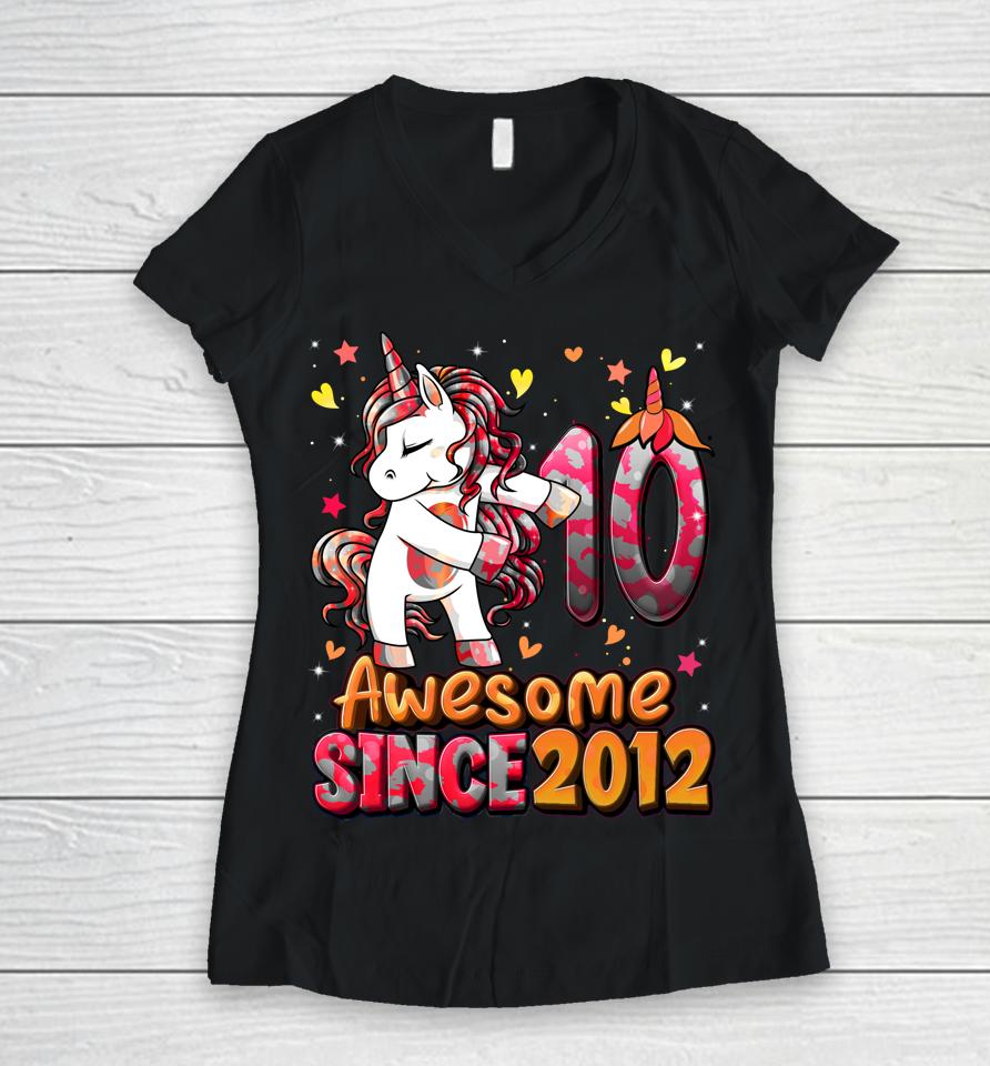 10 Years Old Unicorn Flossing 10Th Birthday Girl Unicorn Women V-Neck T-Shirt