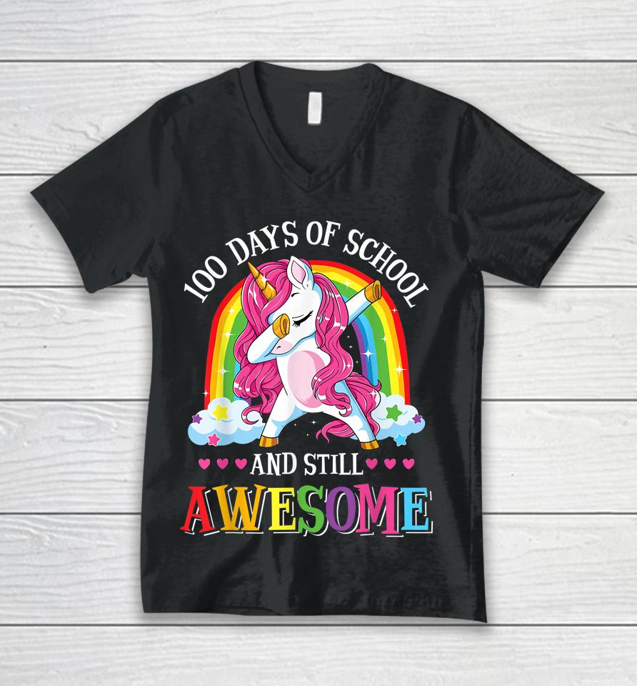 100 Days And Still Awesome 100Th Day Of School Girls Unicorn Unisex V-Neck T-Shirt