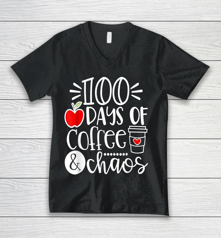 100 Days Of Coffee Chaos Teacher Happy 100 Days Of School Unisex V-Neck T-Shirt