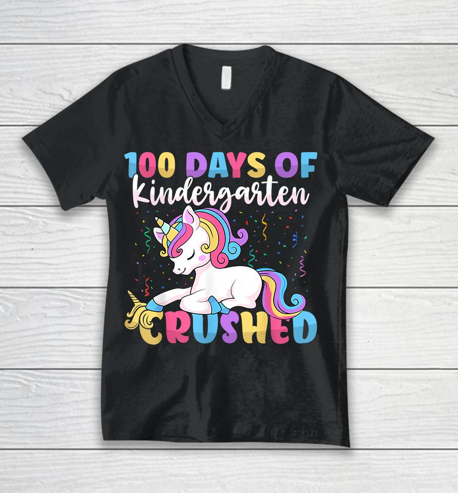 100 Days Of Kindergarten Crushed Unicorn Unisex V-Neck T-Shirt