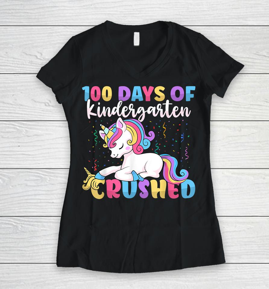 100 Days Of Kindergarten Crushed Unicorn Women V-Neck T-Shirt