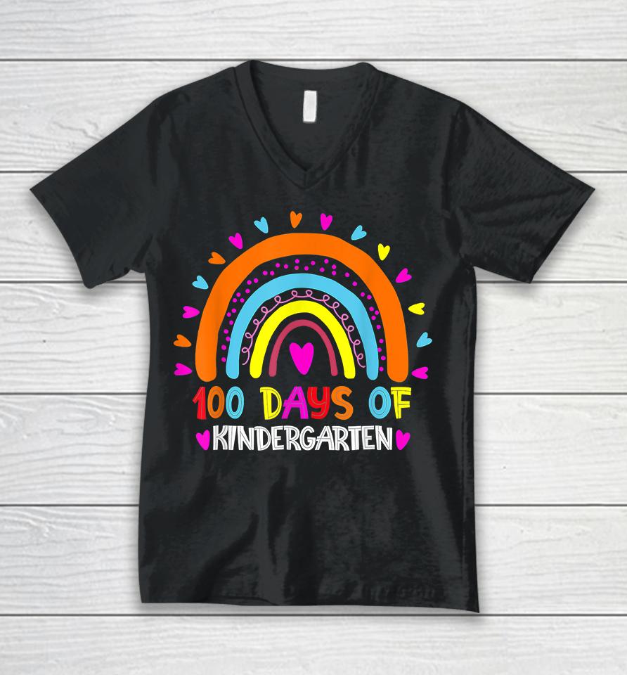 100 Days Of Kindergarten School Teacher Rainbow Unisex V-Neck T-Shirt