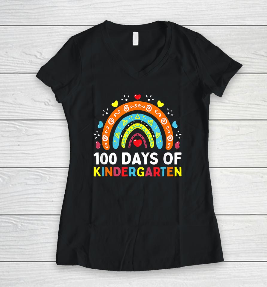 100 Days Of Kindergarten School Teacher Women V-Neck T-Shirt