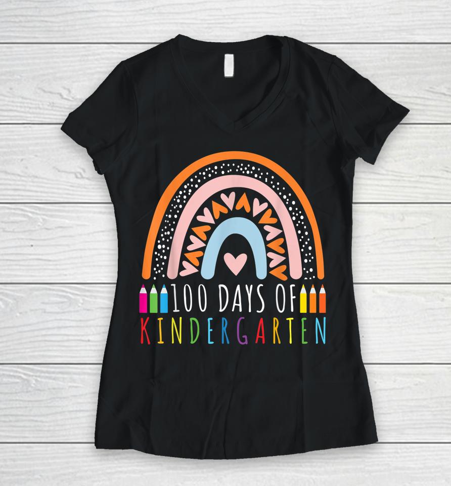 100 Days Of Kindergarten Teacher 100Th Day Of School Women V-Neck T-Shirt