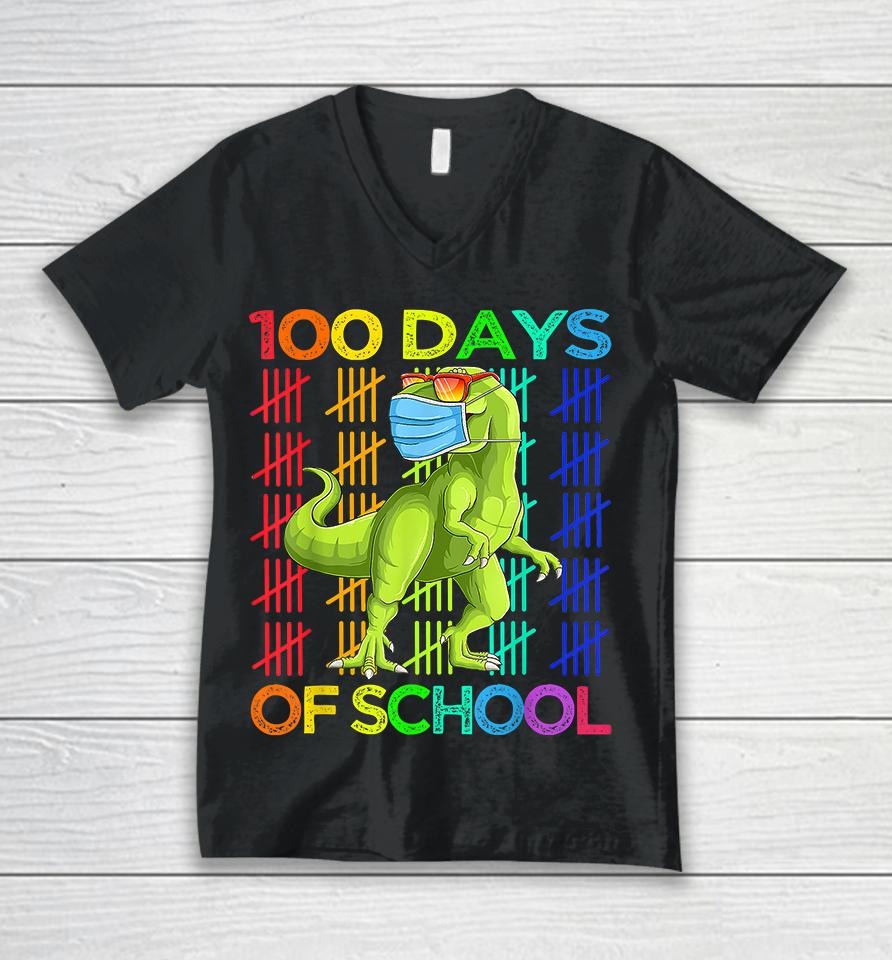 100 Days Of School Dinosaur T-Rex Unisex V-Neck T-Shirt