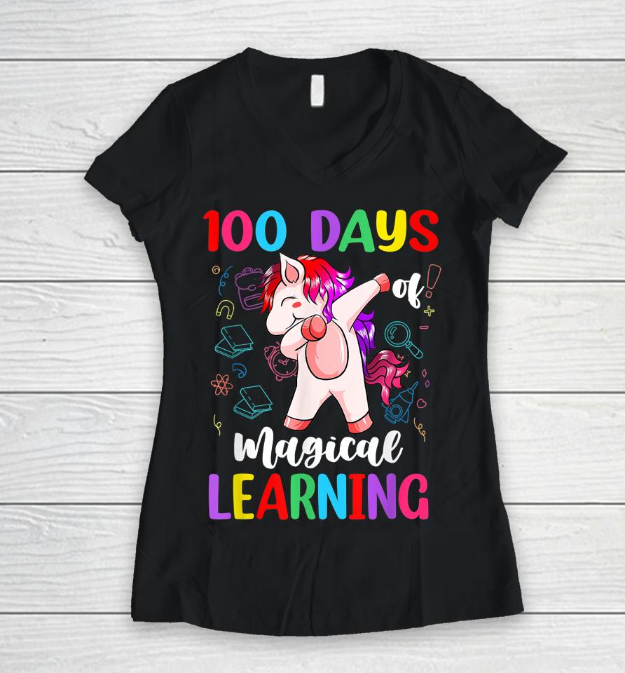 100 Days Of School Magical Learning Unicorn Women V-Neck T-Shirt