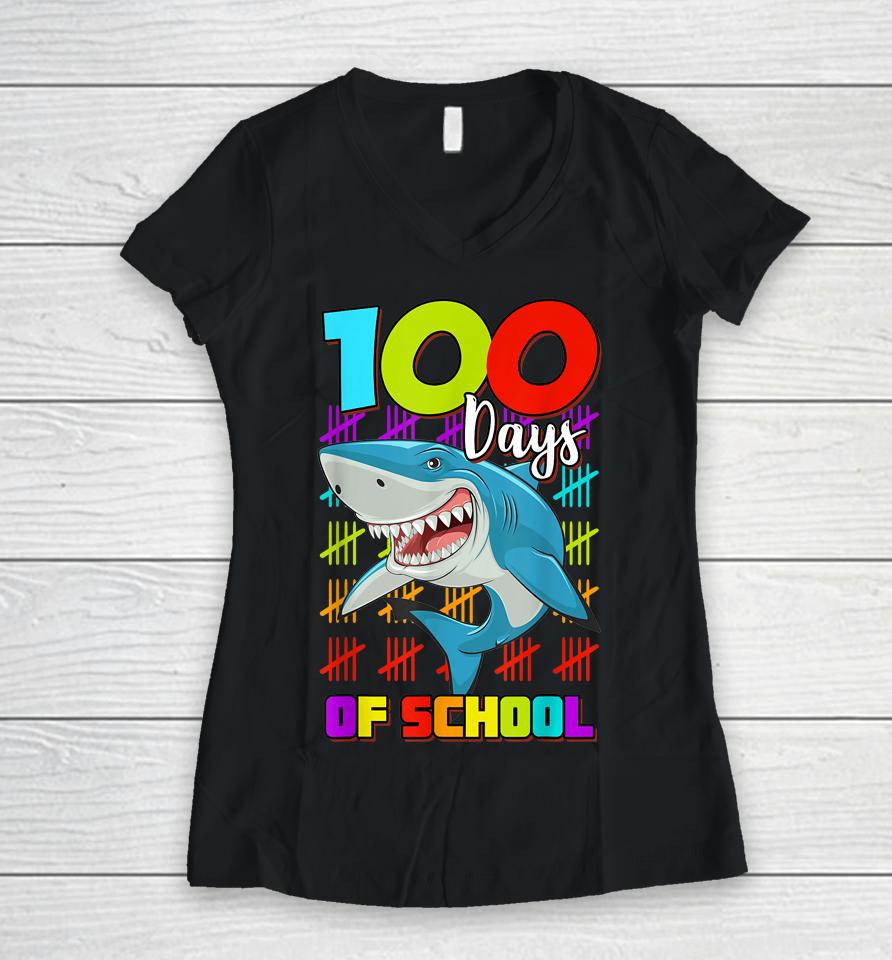 100 Days Of School Shark Women V-Neck T-Shirt