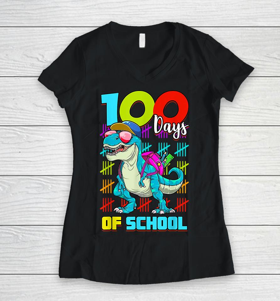 100 Days Of School T-Rex Women V-Neck T-Shirt