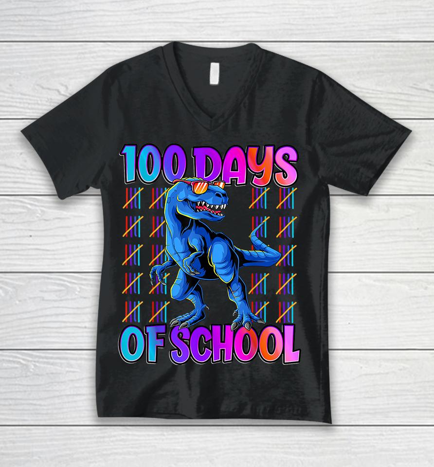 100 Days Of School T-Rex Unisex V-Neck T-Shirt