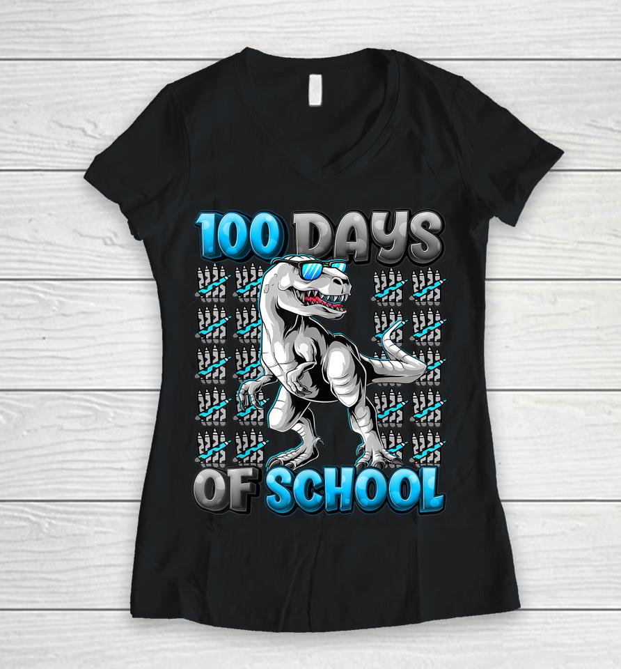 100 Days Of School T-Rex Women V-Neck T-Shirt