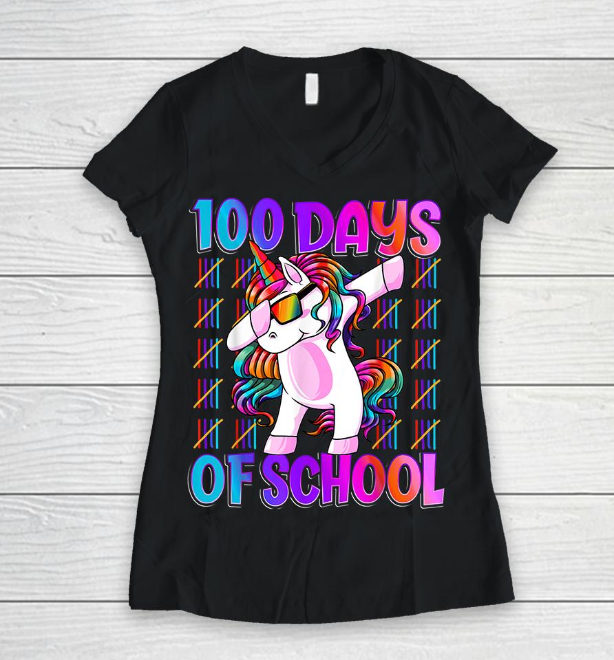 100 Days Of School Unicorn Dabbing Women V-Neck T-Shirt