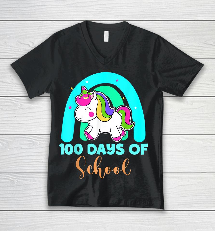 100 Days Of School Unicorn Rainbow Girls Unisex V-Neck T-Shirt