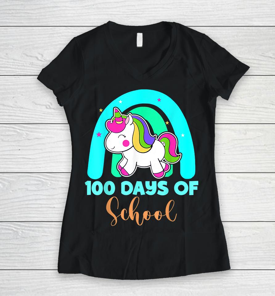 100 Days Of School Unicorn Rainbow Girls Women V-Neck T-Shirt