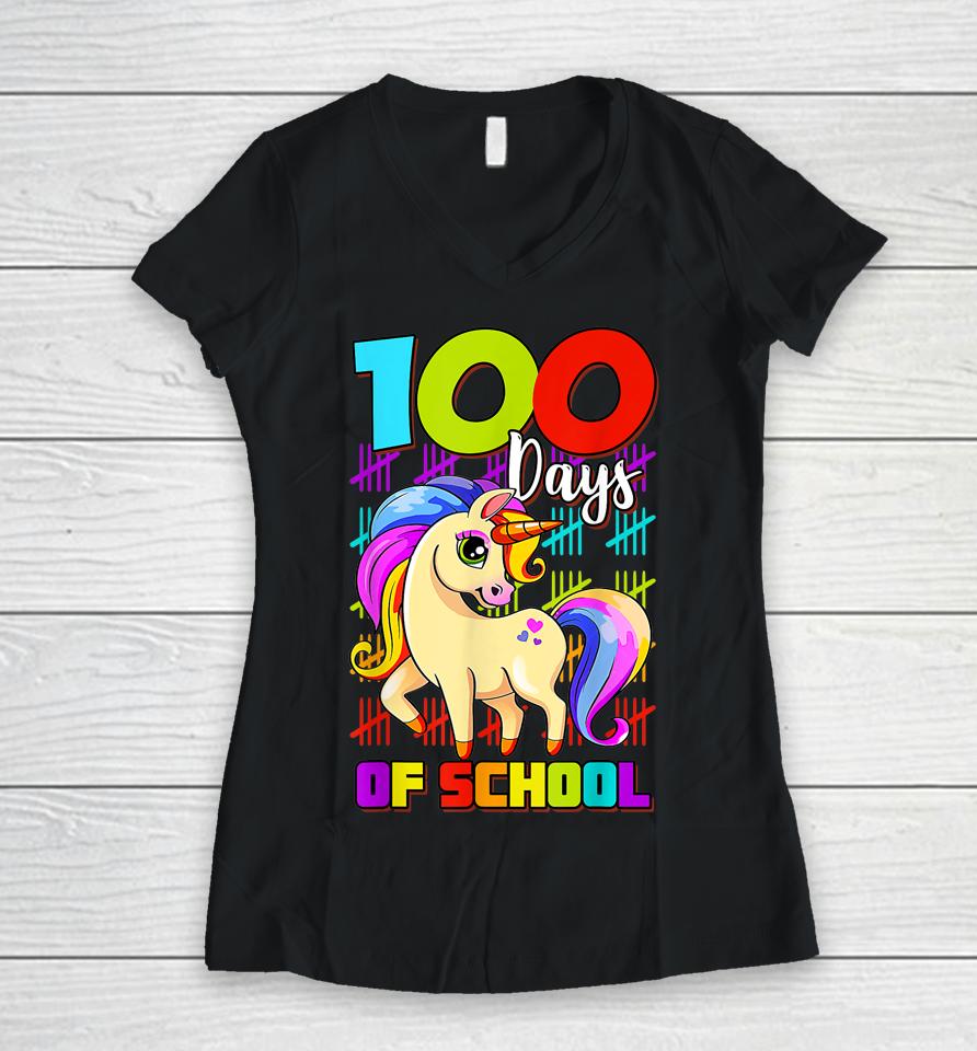 100 Days Of School Unicorn Women V-Neck T-Shirt