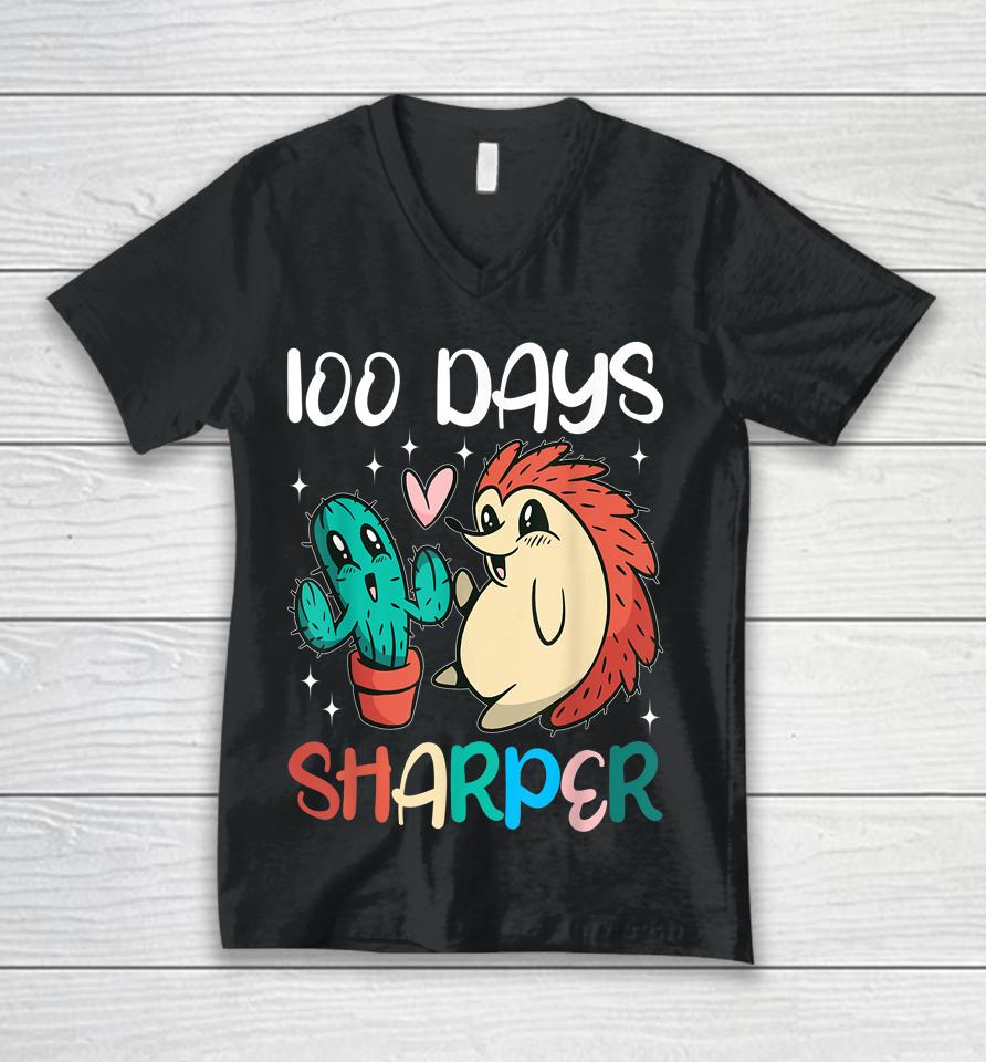 100 Days Sharper Cactus Hedgehog Teacher 100Th Day Of School Unisex V-Neck T-Shirt