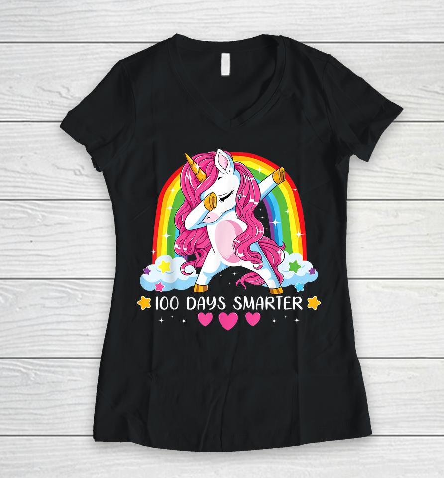100 Days Smarter 100Th Day Of School Girls Princess Unicorn Women V-Neck T-Shirt