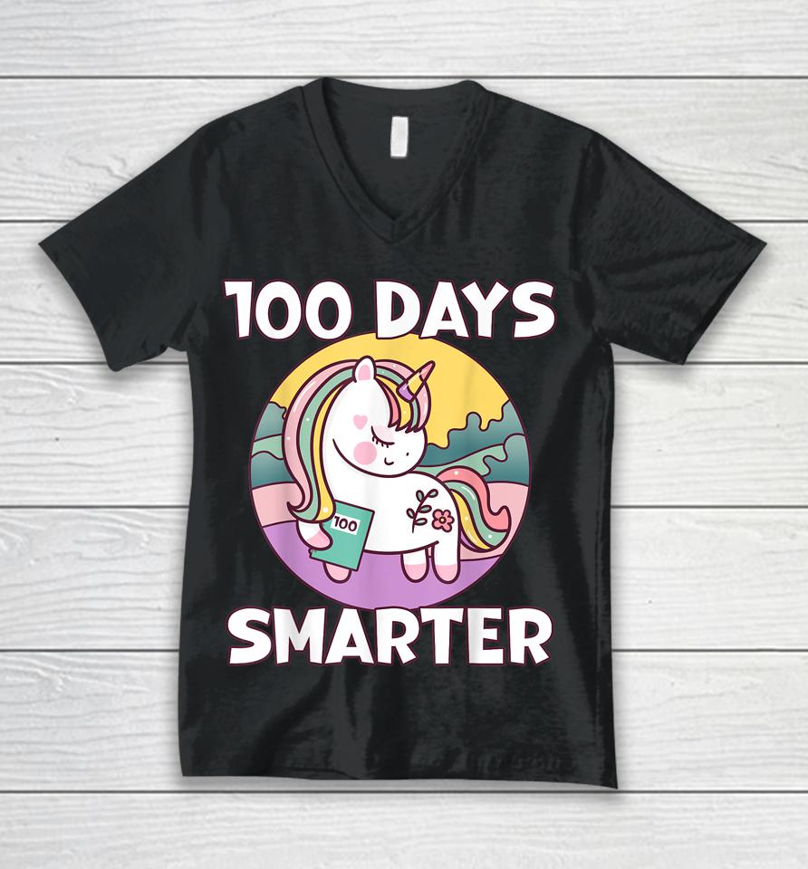100 Days Smarter Cute Unicorn 100 Days Of School Unisex V-Neck T-Shirt