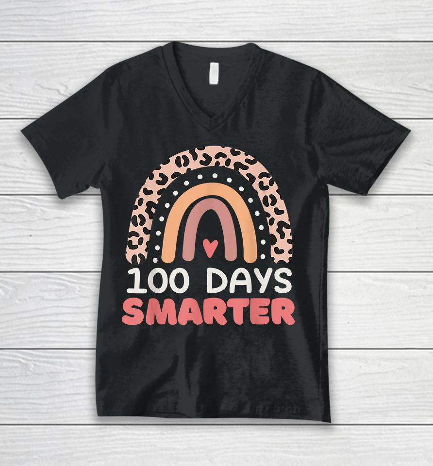100 Days Smarter Happy 100Th Day Of School Rainbow Leopard Unisex V-Neck T-Shirt
