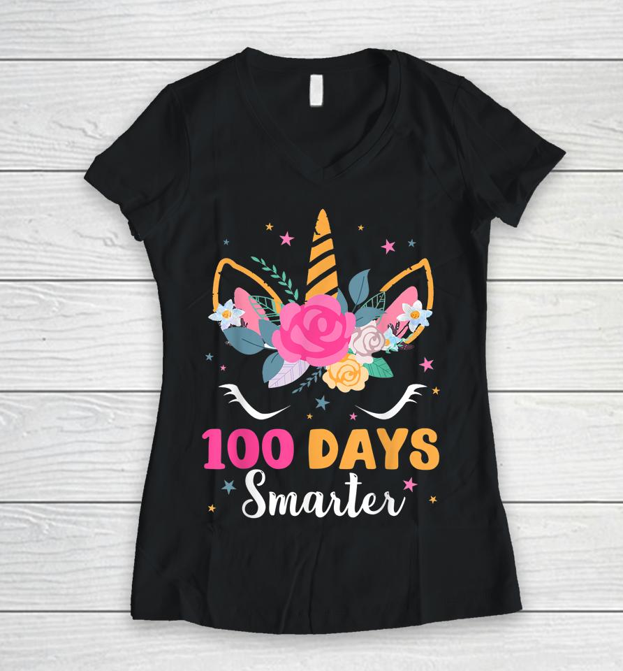 100 Days Smarter Unicorn Women V-Neck T-Shirt