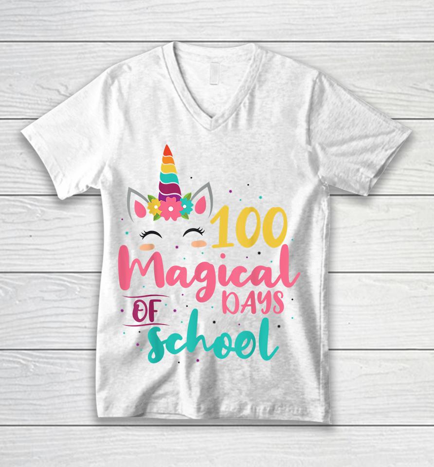 100 Magical Days Of School Unicorn  Pvnp1Fkpzpu4 Unisex V-Neck T-Shirt