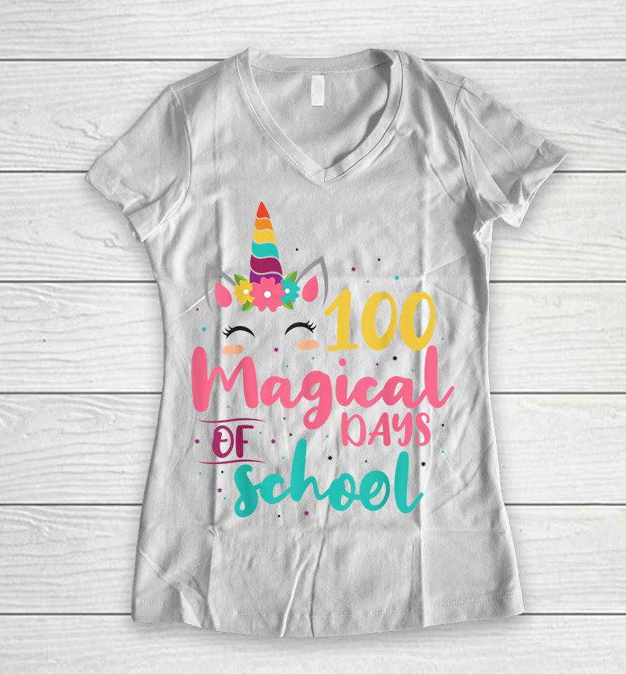 100 Magical Days Of School Unicorn  Pvnp1Fkpzpu4 Women V-Neck T-Shirt