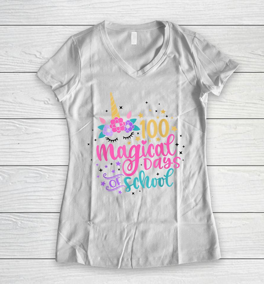 100 Magical Days Of School Unicorn Women V-Neck T-Shirt