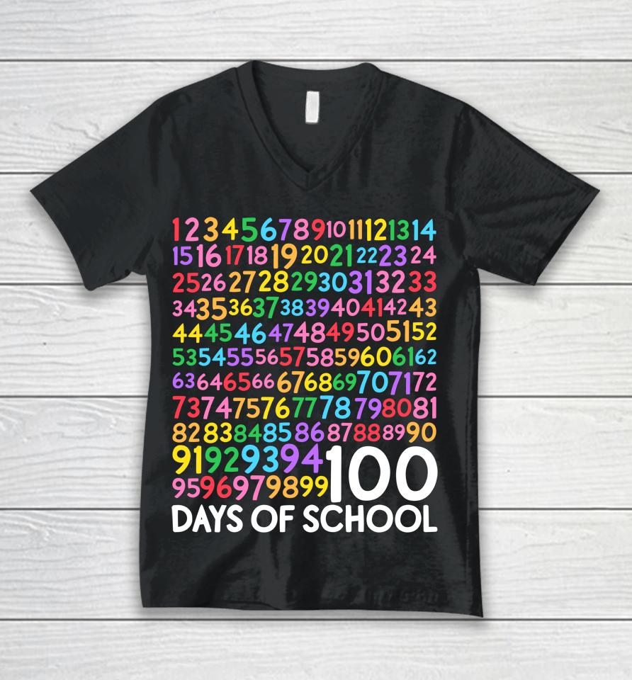 100Th Day Of School Teacher Kids 100 Days Math Numbers Unisex V-Neck T-Shirt