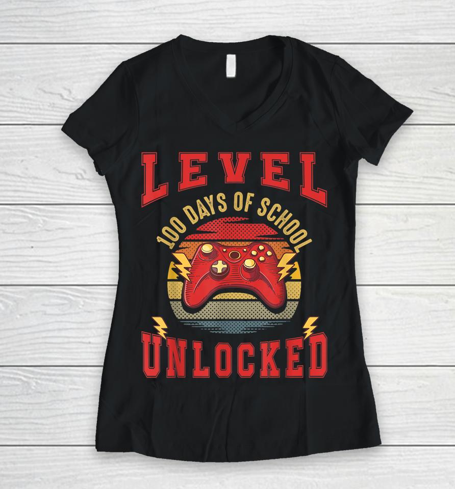 100Th Day Video Gamer 100 Days Of School Unlocked Vintage Women V-Neck T-Shirt