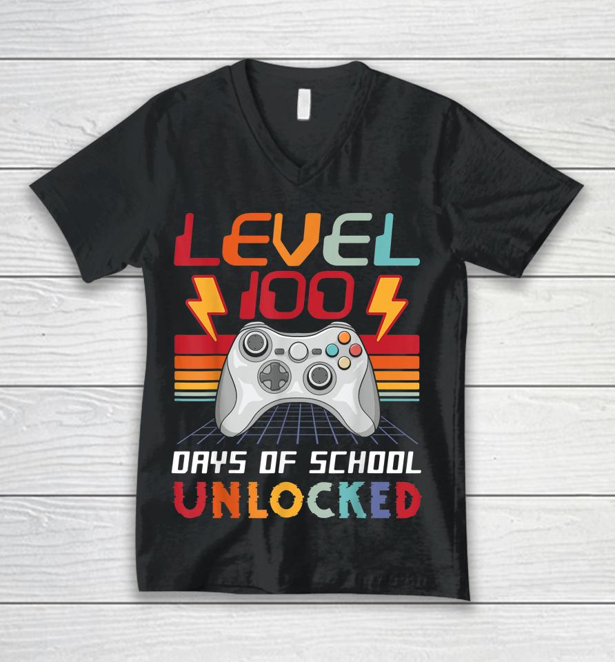 100Th Day Video Gamer 100 Days Of School Unlocked Vintage Unisex V-Neck T-Shirt