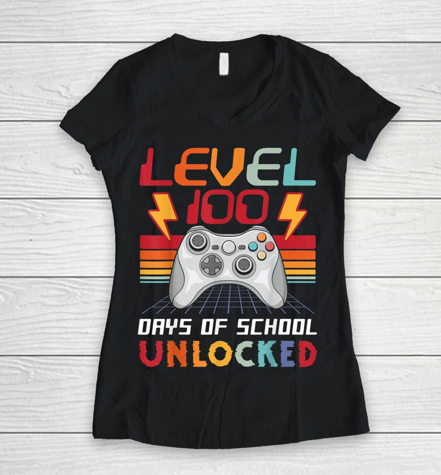 100Th Day Video Gamer 100 Days Of School Unlocked Vintage Women V-Neck T-Shirt