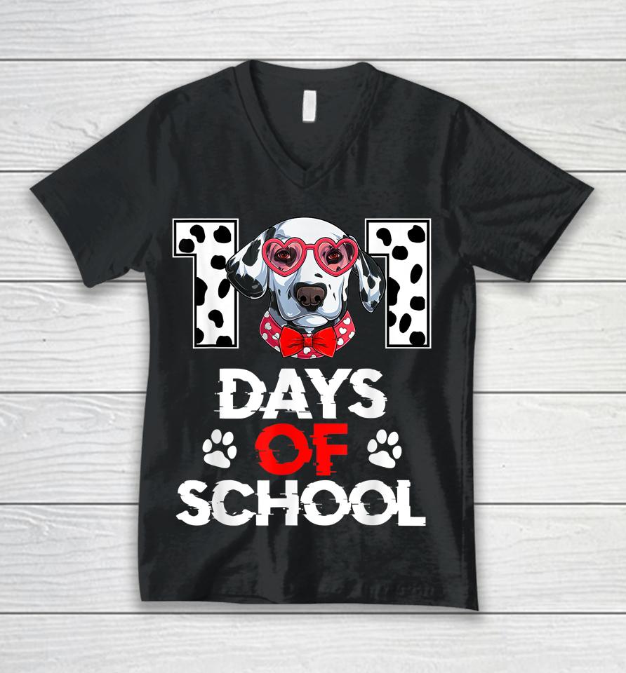101 Days Of School Dalmatian Dog 100 Days Smarter Teacher Unisex V-Neck T-Shirt