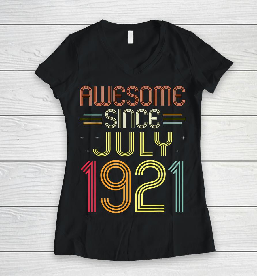 101St Birthday Gifts Awesome Since July 1921 101 Years Old Women V-Neck T-Shirt
