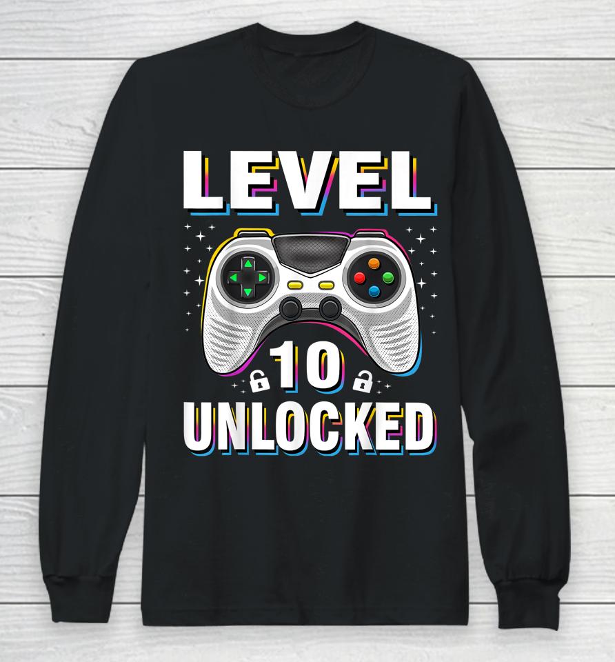 10Th Birthday Boy Level 10 Unlocked Video Gamer 10 Years Old Long Sleeve T-Shirt