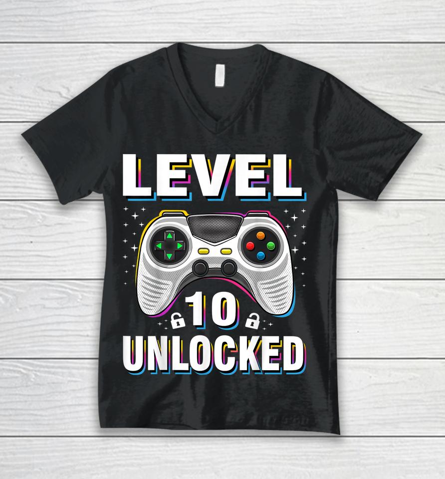 10Th Birthday Boy Level 10 Unlocked Video Gamer 10 Years Old Unisex V-Neck T-Shirt