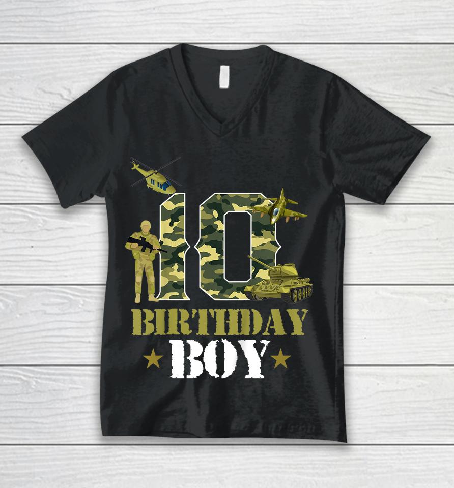 10Th Birthday Military Themed Camo Boys 10 Yrs Old Soldier Unisex V-Neck T-Shirt