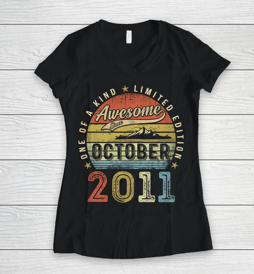 11 Year Old Gift Awesome Since October 2011 11Th Birthday Women V-Neck T-Shirt
