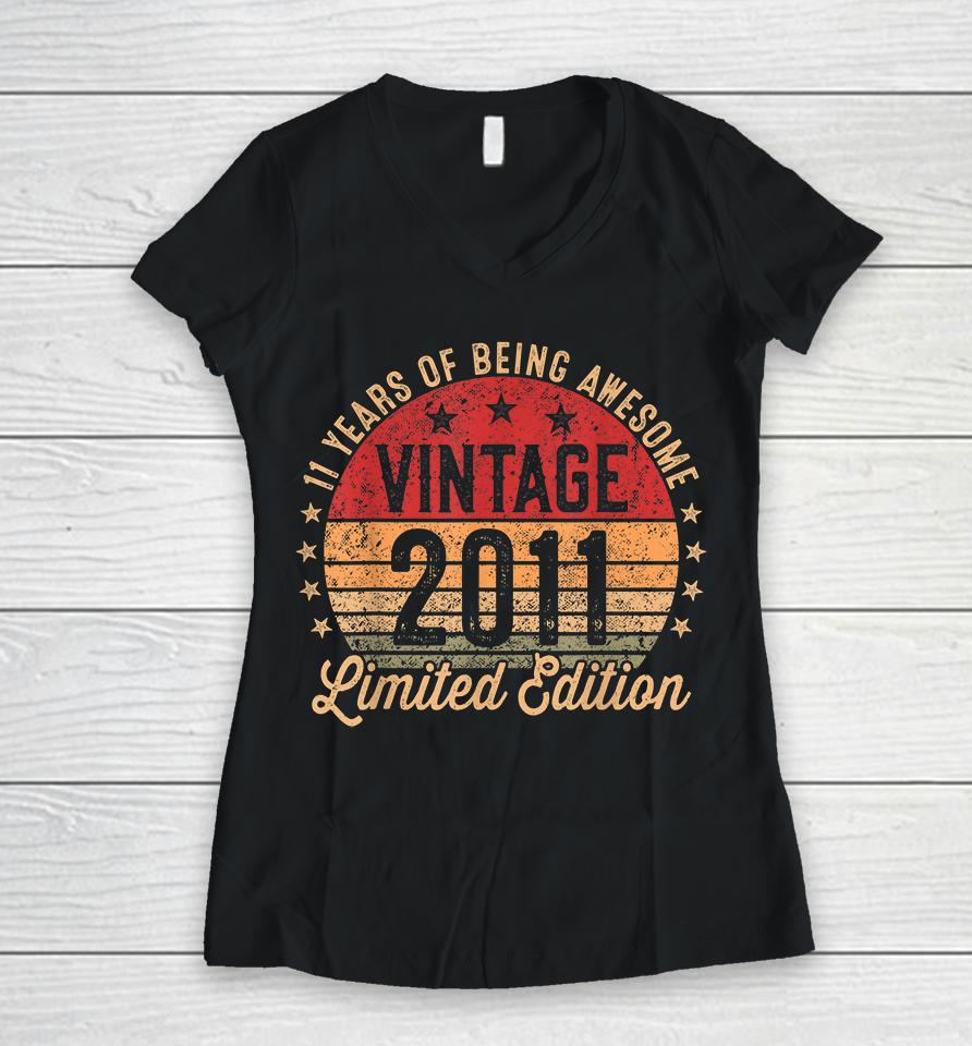 11 Year Old Vintage 2011 Limited Edition 11Th Birthday Women V-Neck T-Shirt
