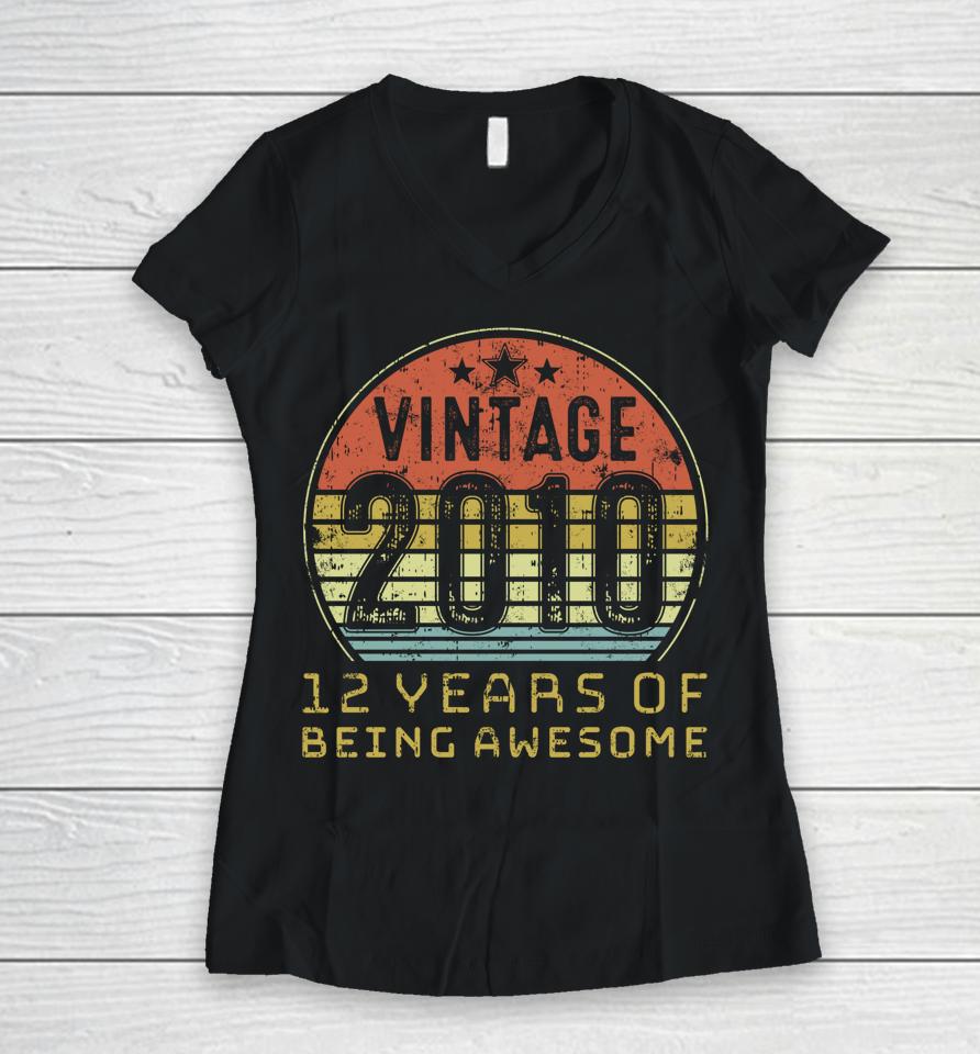 12 Year Old Birthday Vintage 2010 12Th Birthday Women V-Neck T-Shirt