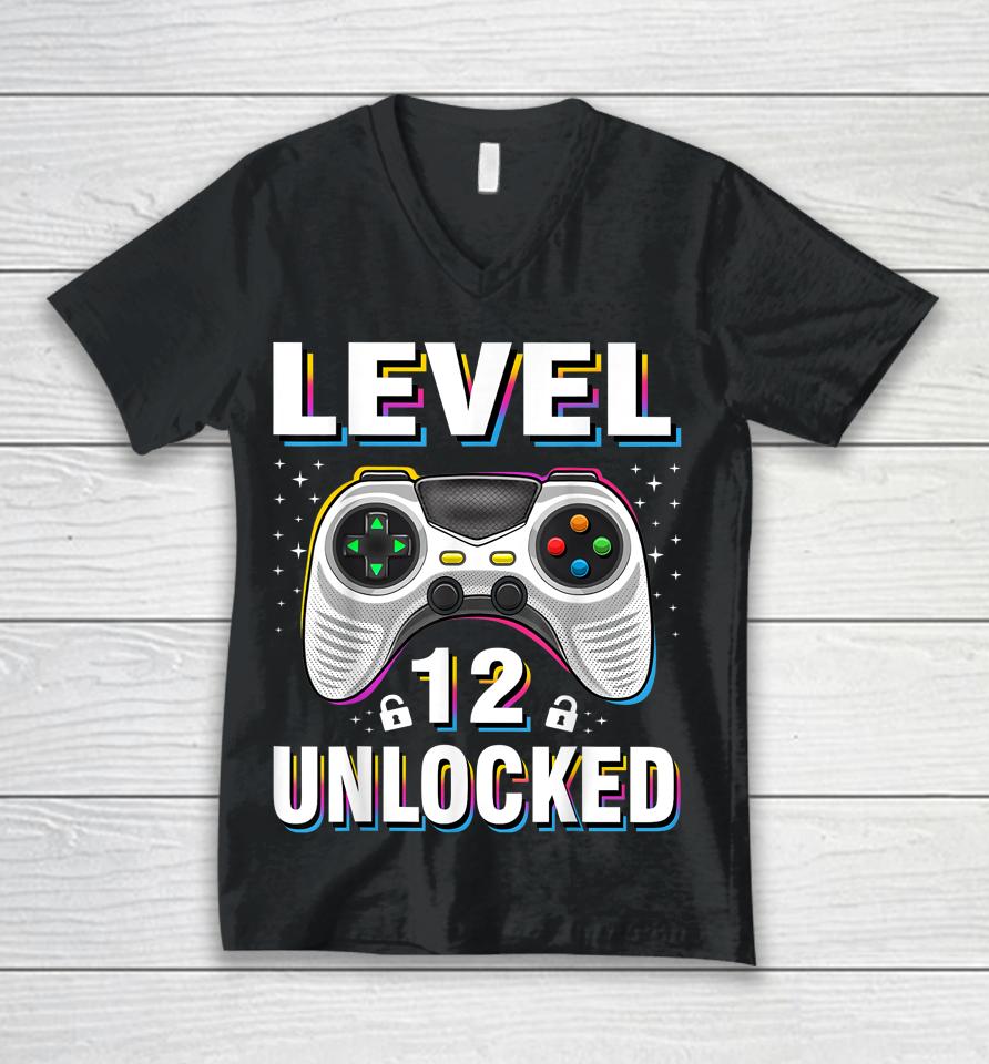 12Th Birthday Boy Level 12 Unlocked Video Gamer 12 Years Old Unisex V-Neck T-Shirt