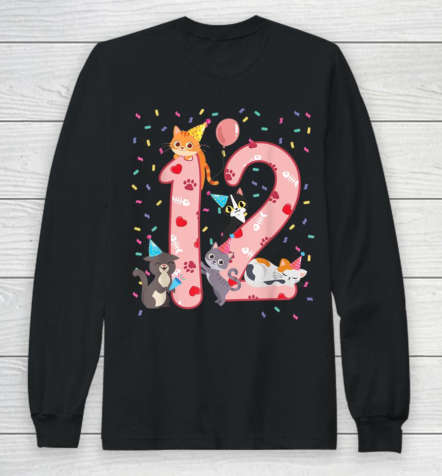 12Th Birthday Girl Cute Cat Outfit 12 Years Old Bday Party Long Sleeve T-Shirt