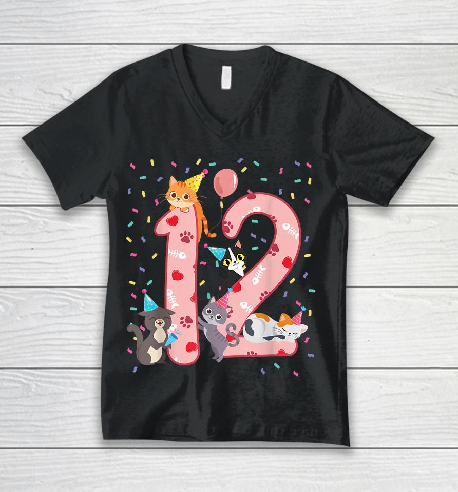 12Th Birthday Girl Cute Cat Outfit 12 Years Old Bday Party Unisex V-Neck T-Shirt