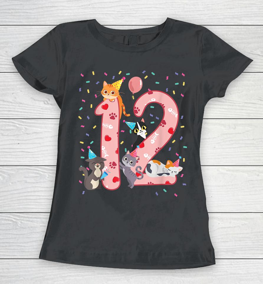 12Th Birthday Girl Cute Cat Outfit 12 Years Old Bday Party Women T-Shirt