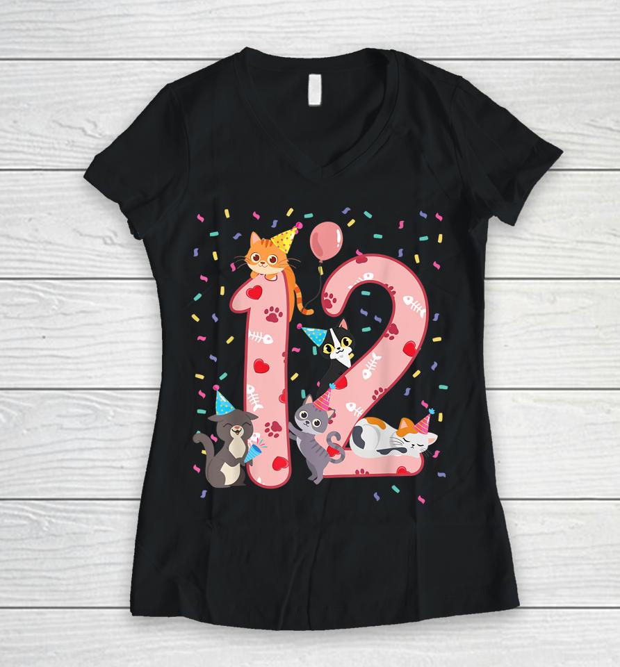 12Th Birthday Girl Cute Cat Outfit 12 Years Old Bday Party Women V-Neck T-Shirt