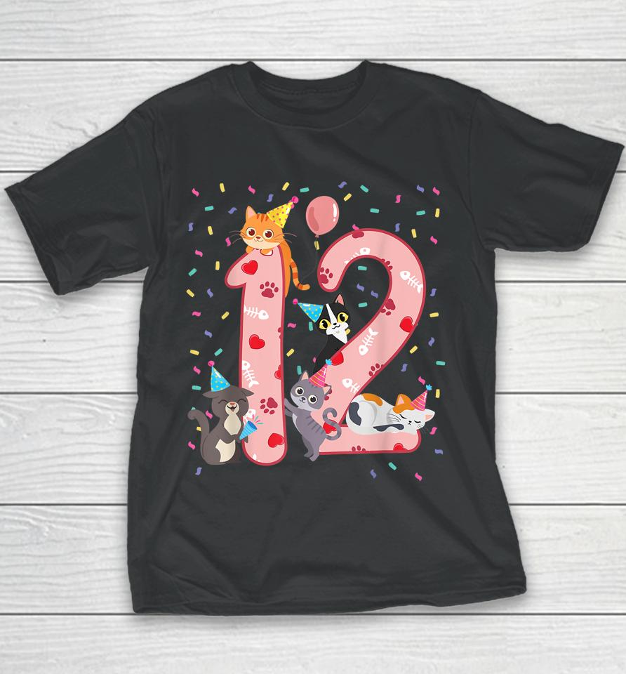 12Th Birthday Girl Cute Cat Outfit 12 Years Old Bday Party Youth T-Shirt
