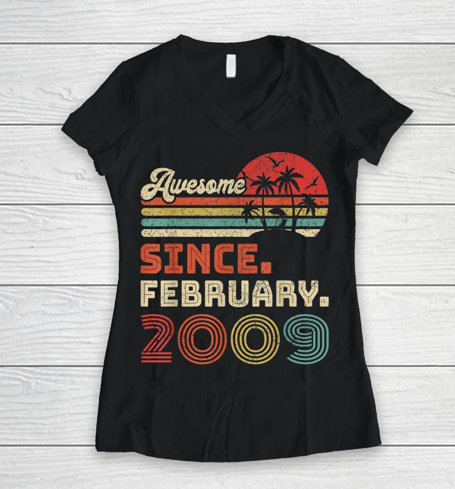 13 Year Old Awesome Since February 2009 13Th Birthday Women V-Neck T-Shirt