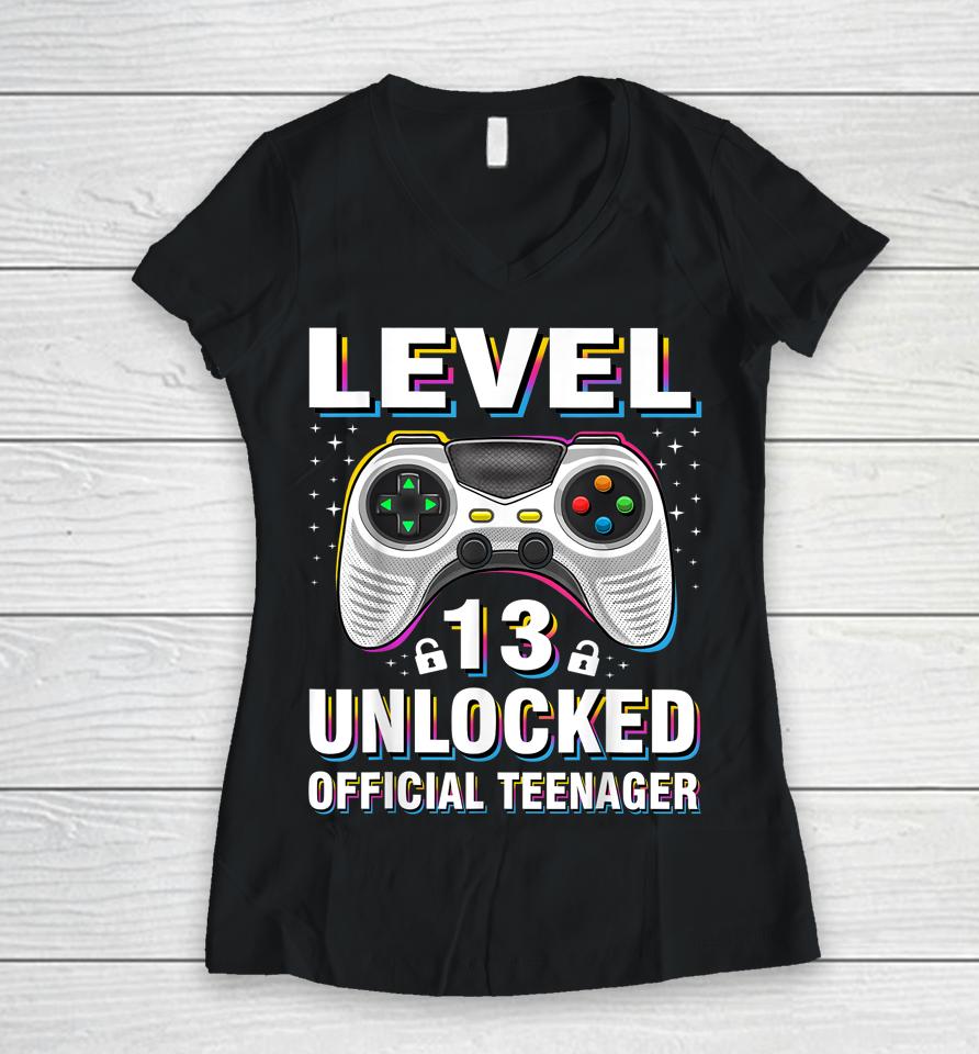 13Th Birthday Boy Shirt Level 13 Unlocked Official Teenager Women V-Neck T-Shirt