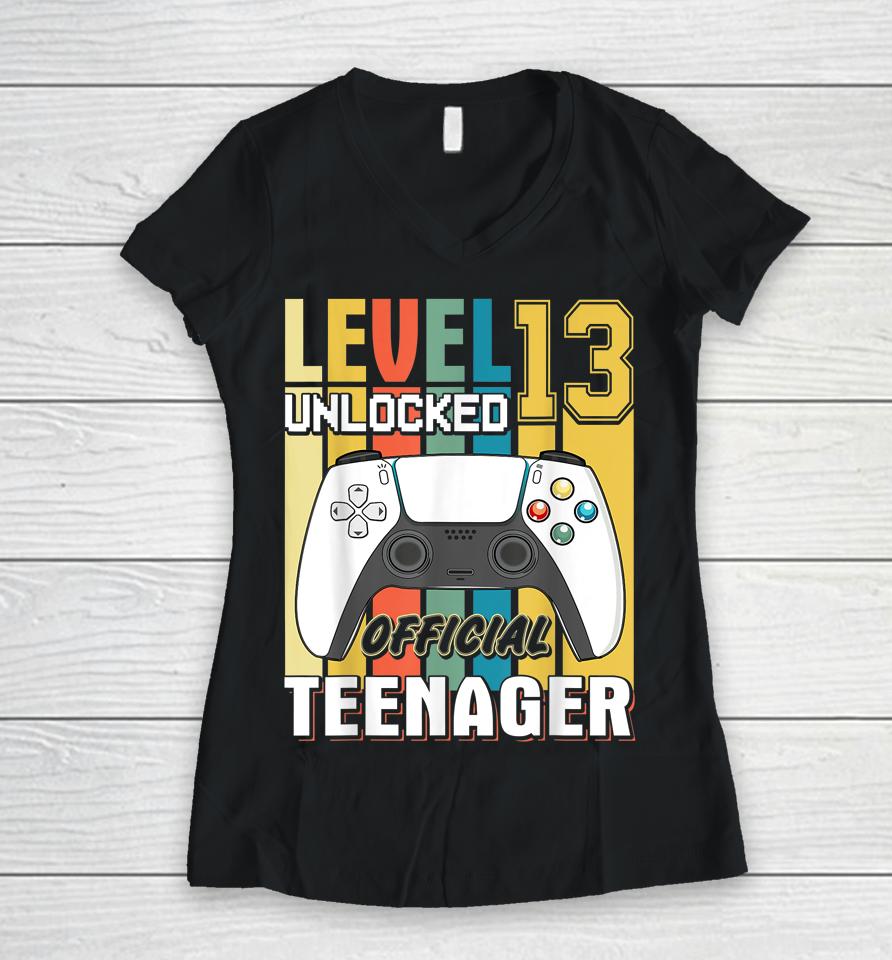 13Th Birthday Boy Shirt Level 13 Unlocked Official Teenager Women V-Neck T-Shirt