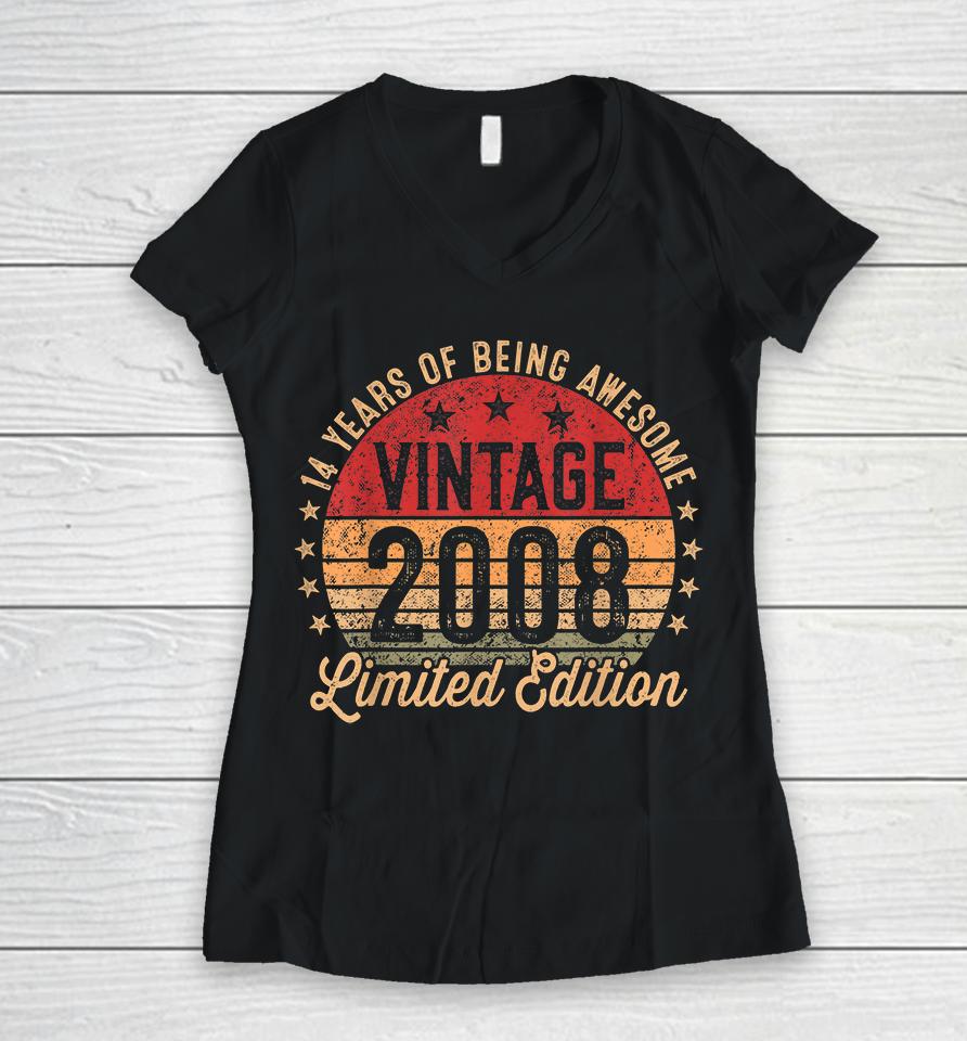 14 Year Old Vintage 2008 Limited Edition 14Th Birthday Women V-Neck T-Shirt