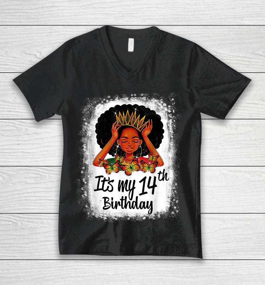 14 Years Old Black Melanin Women Girl It's My 14Th Birthday Unisex V-Neck T-Shirt